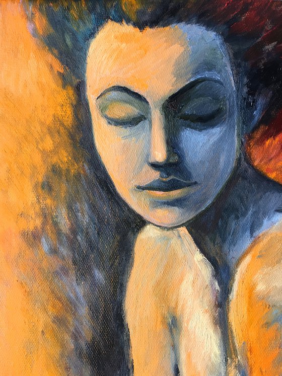 BREATHING - nude woman oil painting fire water red indigo gift for him present idea