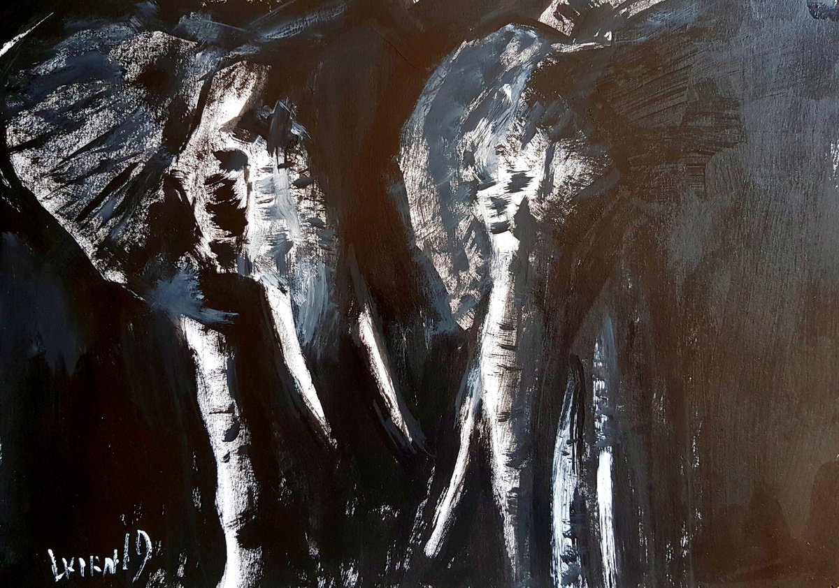 Impressionistic Animal Acrylic Painting By Leonid Kirnus, 14 X 10", Elephants, Original Artwork