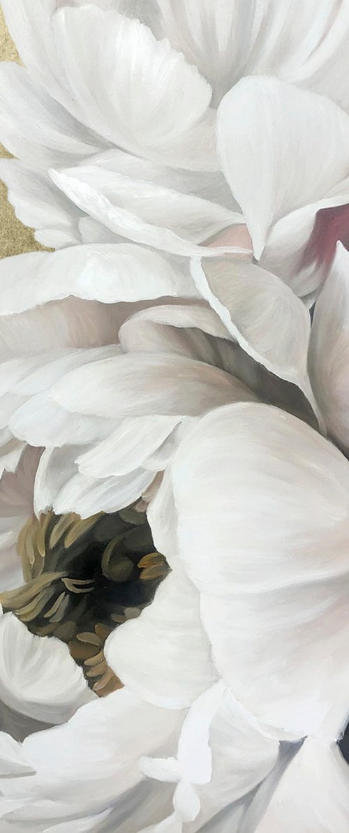 "Golden Silk Peonies" White gold peonies art by Olha Tsapenko