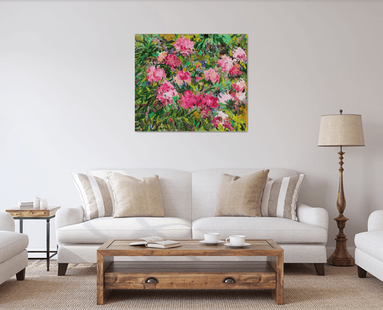 PEONIES - Floral art, landscape, original painting, oil on canvas, flowers in the garden, nature,  peony, pink flowers, bloom, interior art home decor, gift