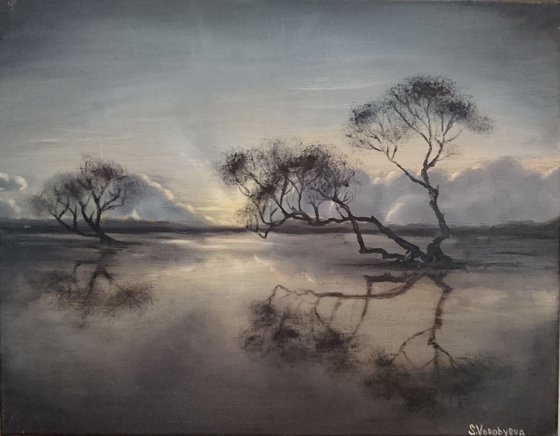 Reflection. Original oil landscape painting