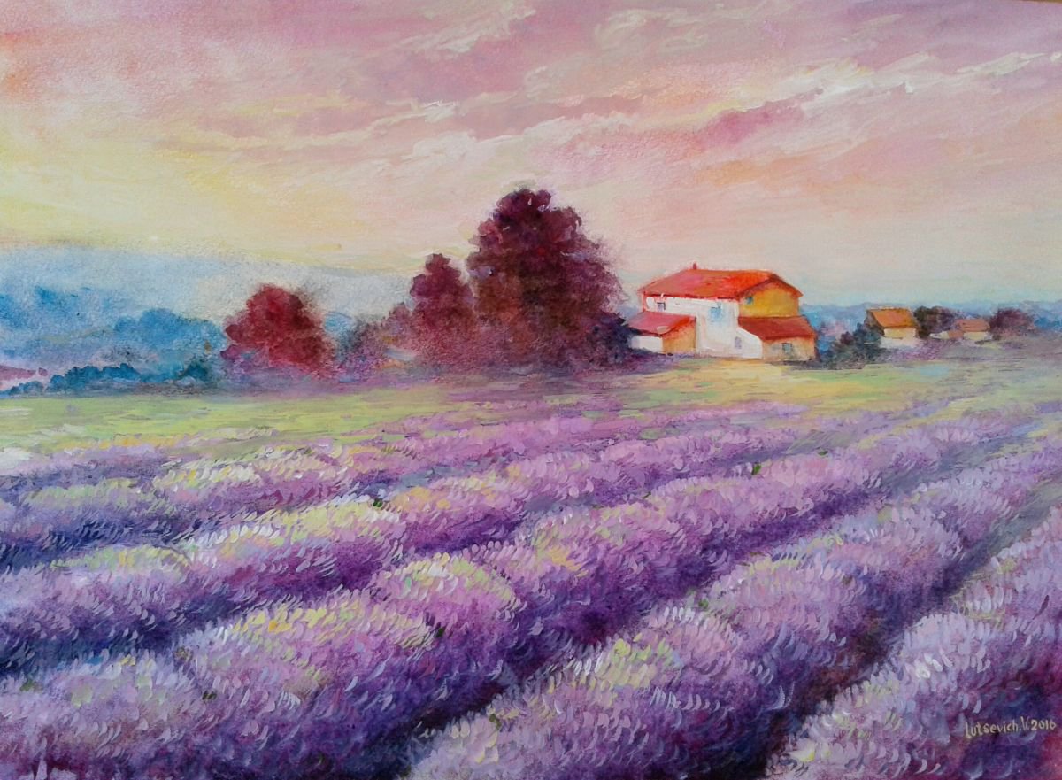 Photorealistic Landscape Watercolour By Vladimir Lutsevich, 17 X 12", Lavender Fields Of Provence, Original Artwork