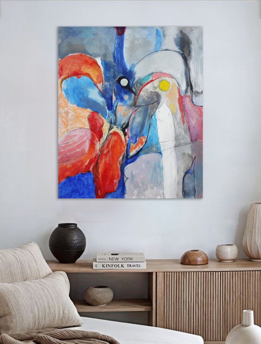 Organic Abstract Acrylic Painting By Artem Andreichuk, 31 X 37, Birds, Original Artwork