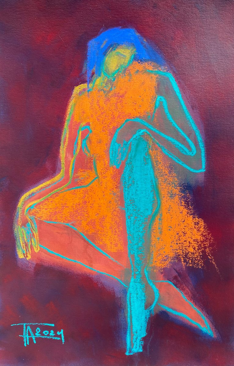 Expressive Portrait Pastel Drawing By Tatjana Auschew, 13 X 20", Evening., Original Artwork