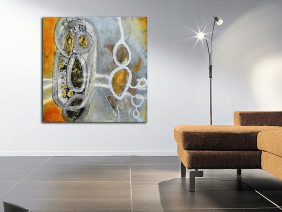 Evolution Series - large abstract painting with grey, yellow and white on wood.