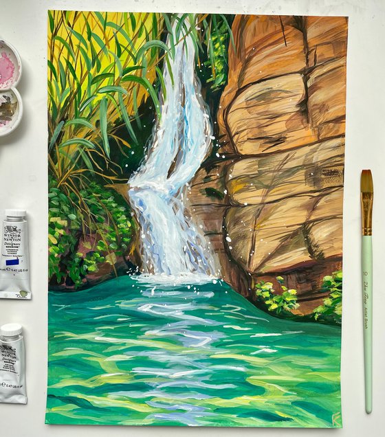 Waterfall Original Gouache Painting, Tropical Wall Art, Cyprus Artwork, Travel Gift, Green Home Decor
