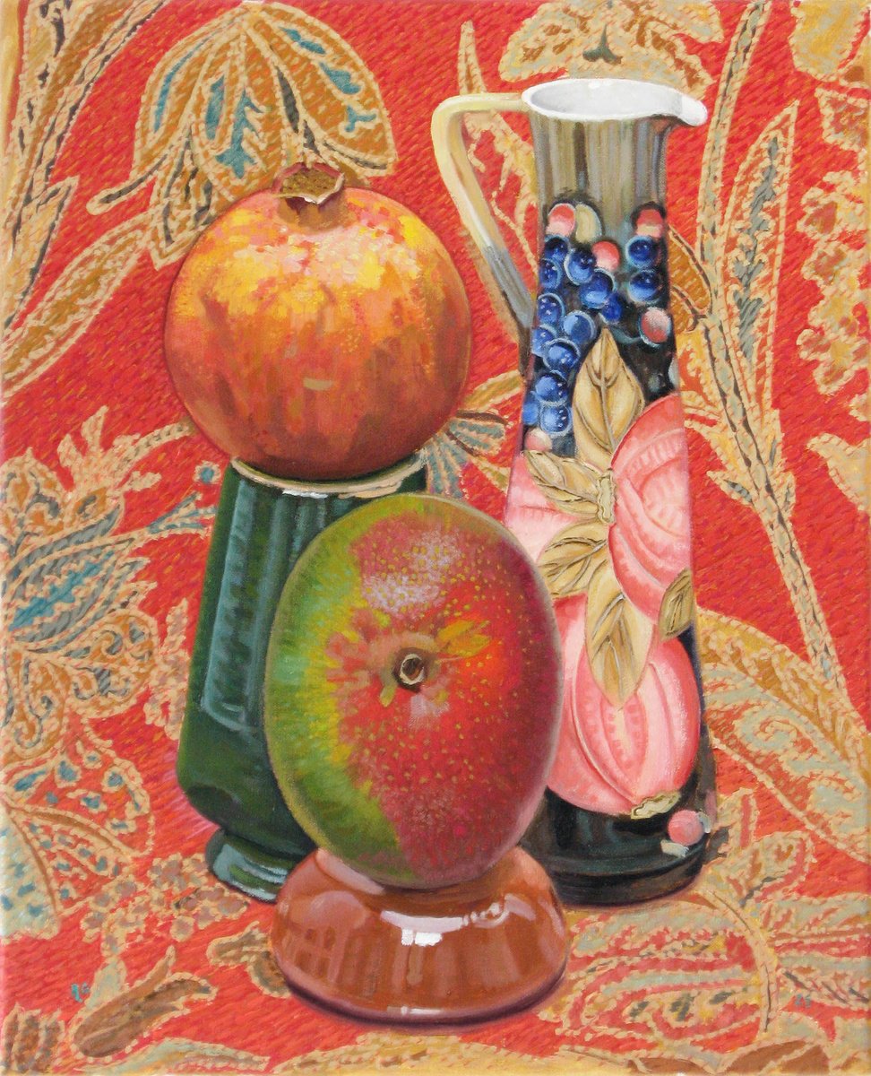 Still Life Oil Painting By Richard Gibson, 16 X 20", Fruit And Ceramics, Original Artwork