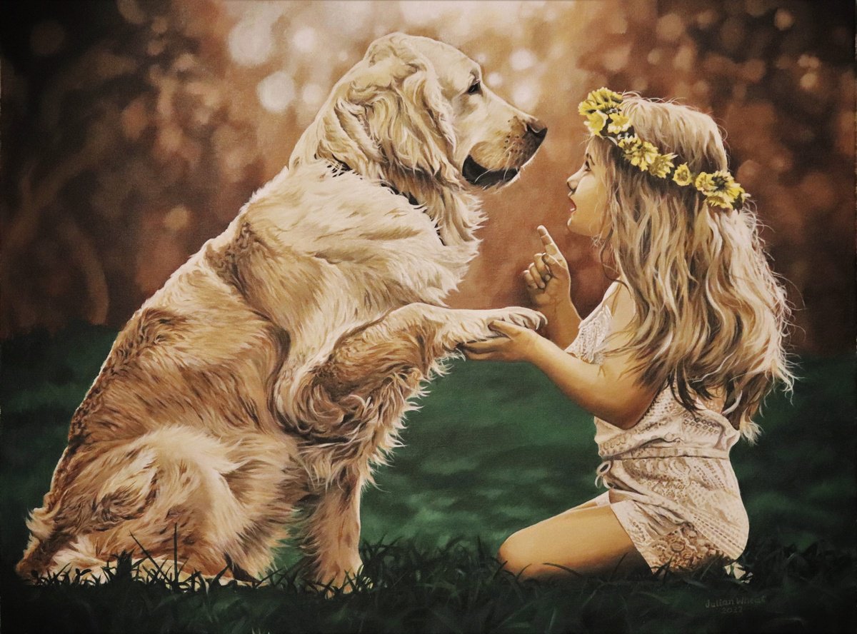 Photorealistic Animal Acrylic Painting By Julian Wheat, 38 X 27", First Lesson, Original Artwork