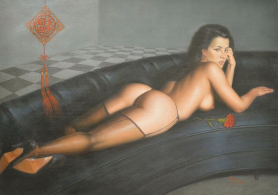 OIL PAINTING ART FEMALE NUDE GIRL BODY SOFA  #11-2-02