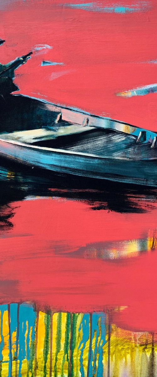 Big painting - "Fisherman in old boat" - Pop Art - Lake - Boat - Bright seascape - Boat by Yaroslav Yasenev