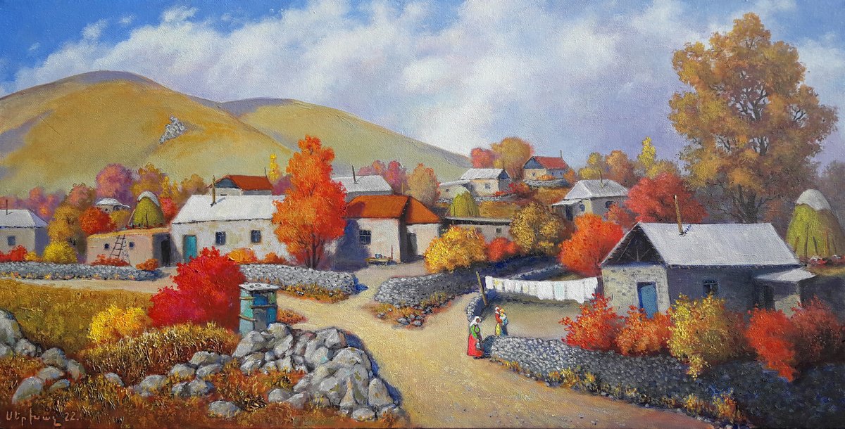 Impressionistic Landscape Oil Painting By Sergey Xachatryan, 39 X 20", Autumn Landscape, Original Artwork