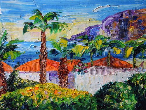 Island seascape original oil painting on canvas, coastal home decor, Spain palette knife artwork by Kate Grishakova