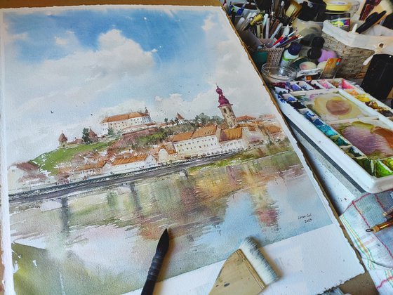 Ptuj castle, Slovenia city original watercolor hand-painted, Drava river lake bridge, Mediterranean Europe Impressionistic, Old town artwork