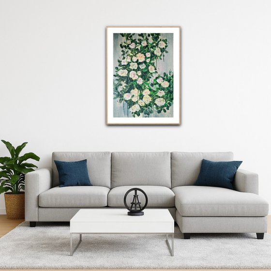 Blooming abstract rose garden in pale yellow