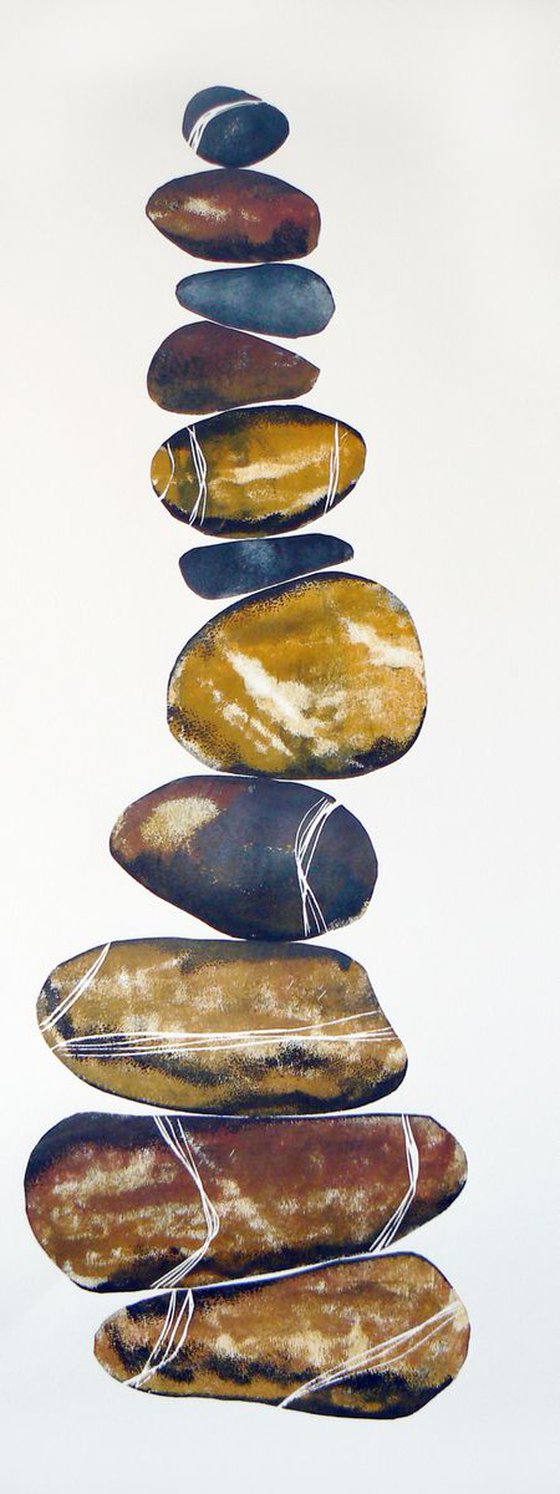 Zen stones - Eleven stones #4 (banded balancing stones lino/monoprint)