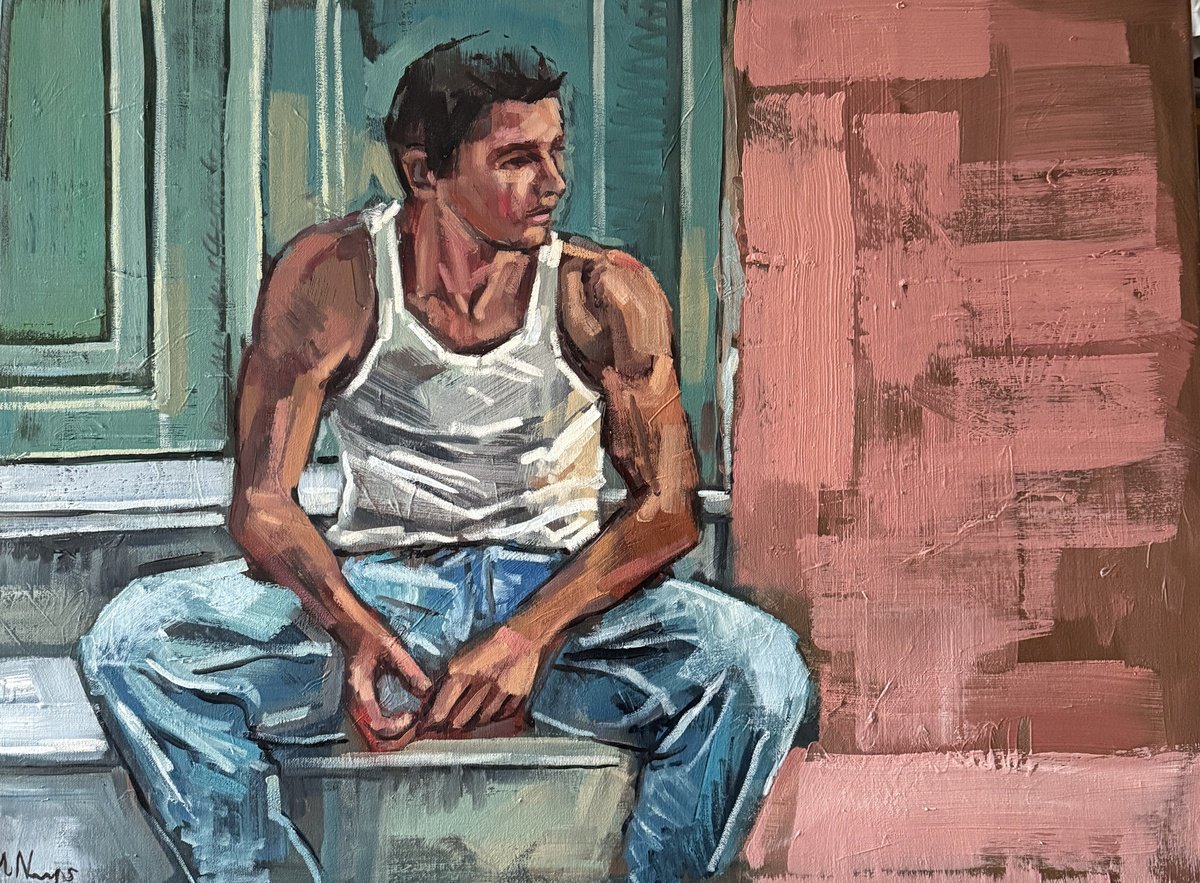 Expressive Portrait Oil Painting By Emmanouil Nanouris, 31 X 24, Waiting, Original Artwork