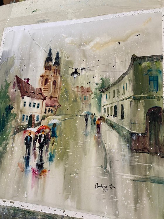 Watercolor “Rainy day in Sibiu”, perfect gift
