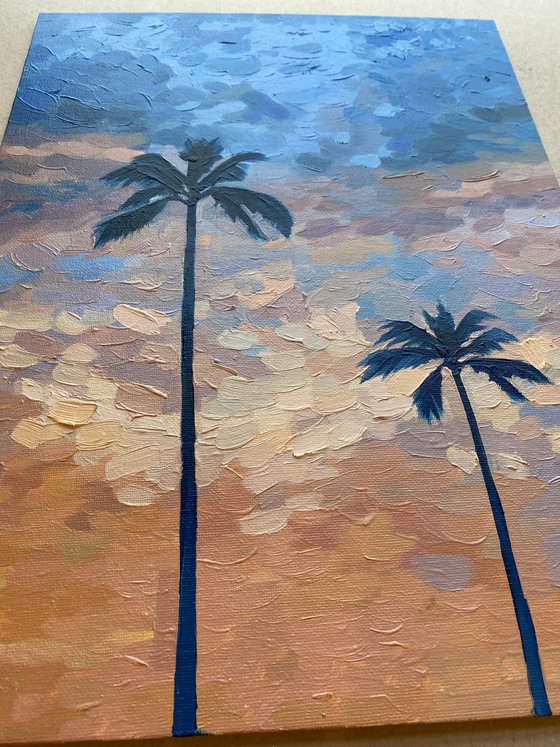 Palms Beach sunset sky clouds the sun's rays small Gift Christmas Beach Art
