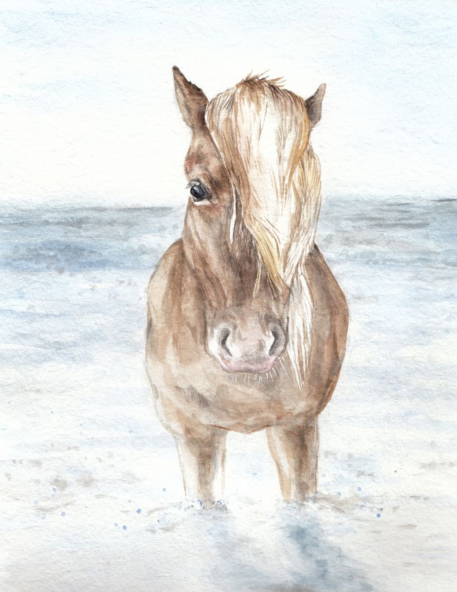 Horse in the Ocean Original Watercolor by Lauren Rogoff