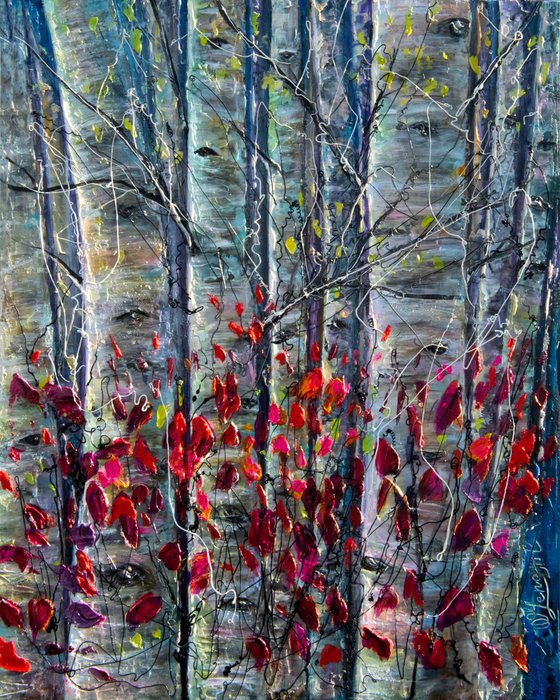 Autumn Aspen Trees Palette Knife Painting by OLena Art - brand