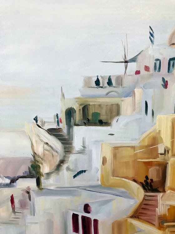 Oil painting with the city "Santorini" 40 * 40 cm