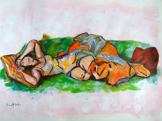 "Woman on the couch", original acrylic painting on paper, 76x54x0,3 cm