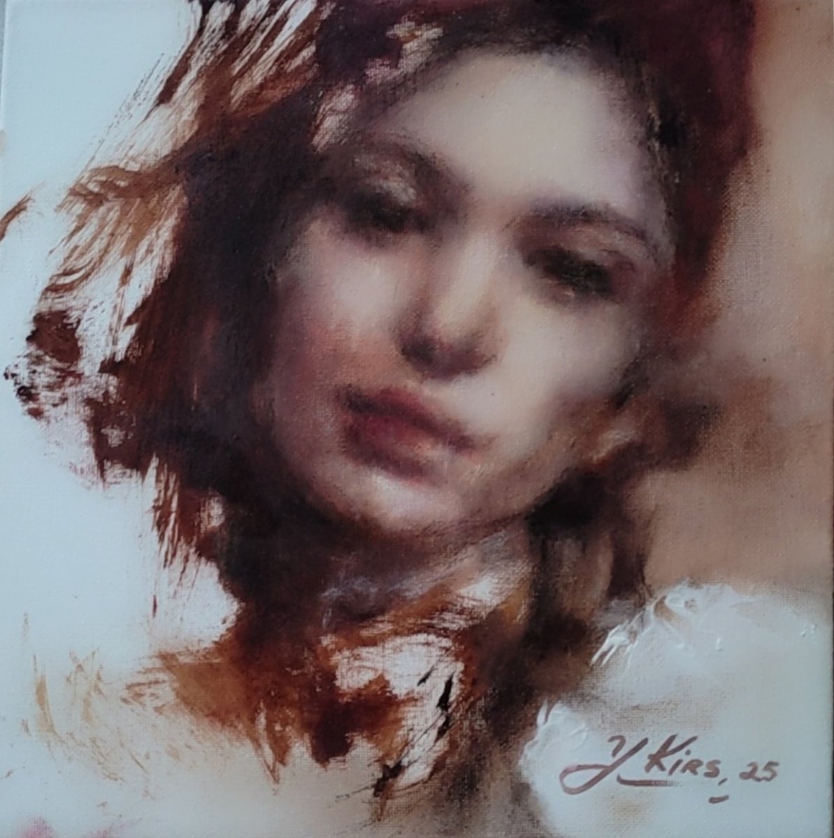 Impressionistic Portrait Oil Painting By Yuliia Kyrsanova, 12 X 12", The Mirror