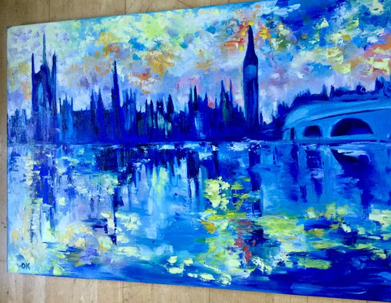 Sunset  in London. Big Ben. House of Parliament. 81x56cm LARGE OIL PAINTING