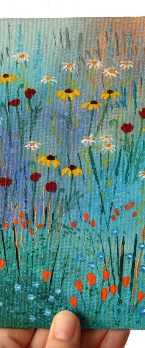 Mini Meadow 3 - poppies, rudbeckias, daisies and forget-me-nots by Lisa Mann
