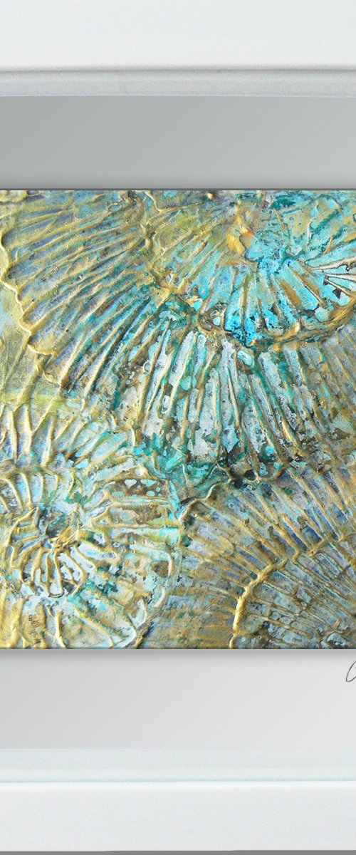 Fossil #5 (ammonite textured painting with gold highlights ) Framed ready to hang original by Carolynne Coulson