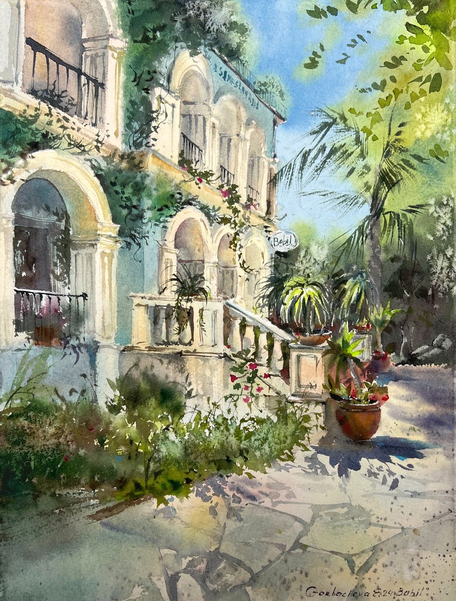 Impressionistic Cityscapes Watercolour By Eugenia Gorbacheva, 11 X 15, Cyprus Restaurant Babil, Original Artwork