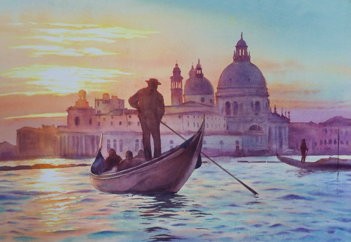 Canal Grande Venice Italy - Gondola - Gondolier by Olga Beliaeva Watercolour