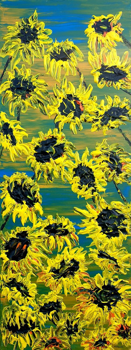 Impressionistic Landscape Acrylic Painting By Daniel Urbani?k, 12 X 31, Blooming Sunflowers, Original Artwork