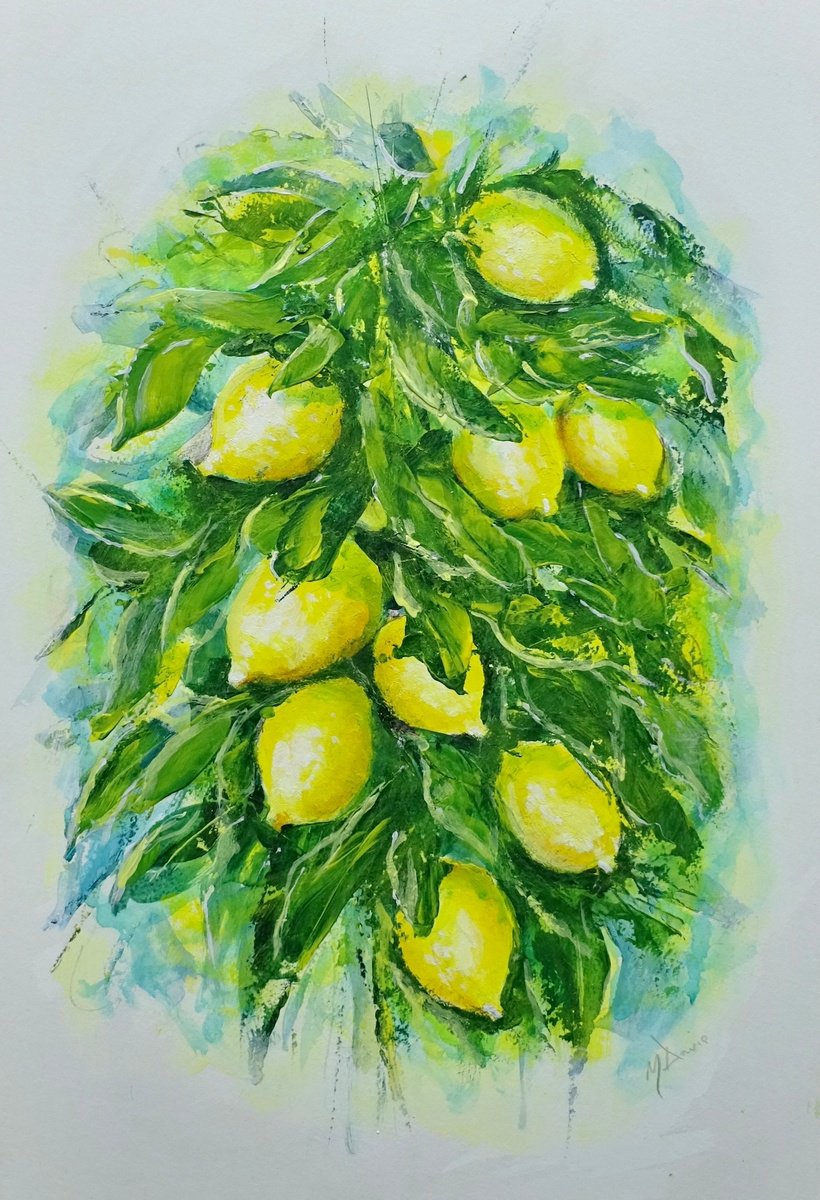 Impressionistic Botanical Acrylic Painting By Mel Davies Original Art, 13 X 19", The Lemon, Original Artwork