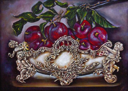 Plums in an antique fruit bowl by Inga Loginova