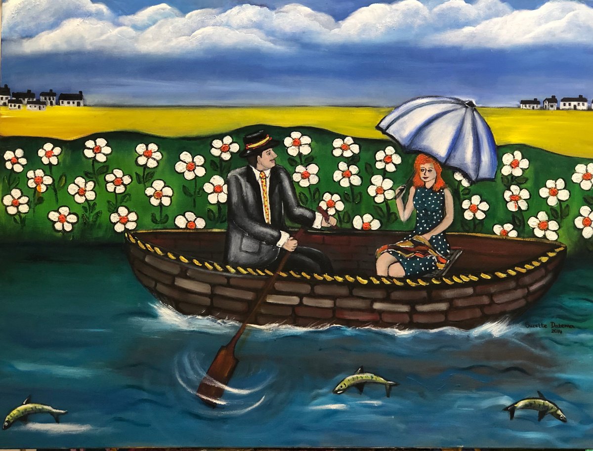 Naive Landscape Painting By Suzette Datema, 39 X 30", Row The Boat, Original Artwork