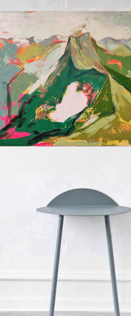 Oil painting, canvas art, stretched, "Mountains 3". Size 39,4/ 27,6 inches (100/70cm). by Kariko ono