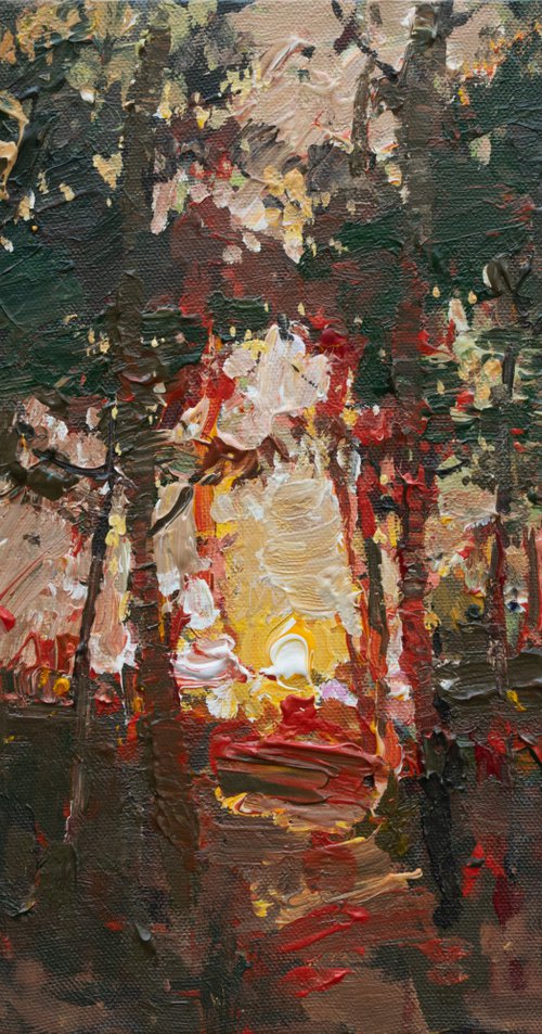 Autumn forest at sunset  Landscape painting by Anastasiia Valiulina