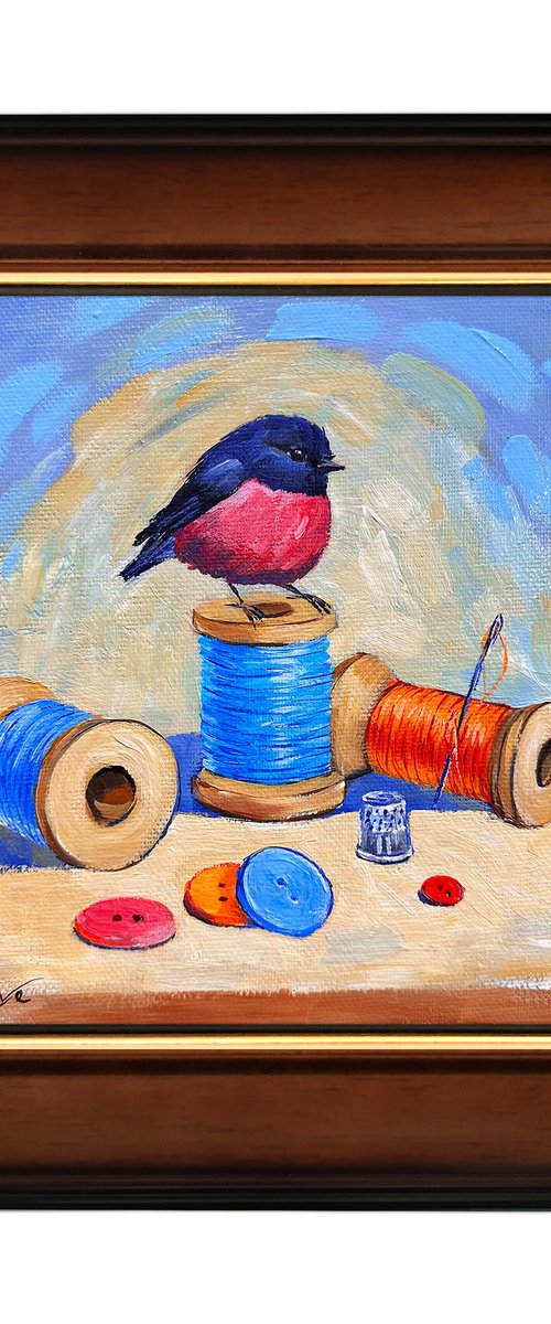 Pink Robin and thread spools by Irina Redine