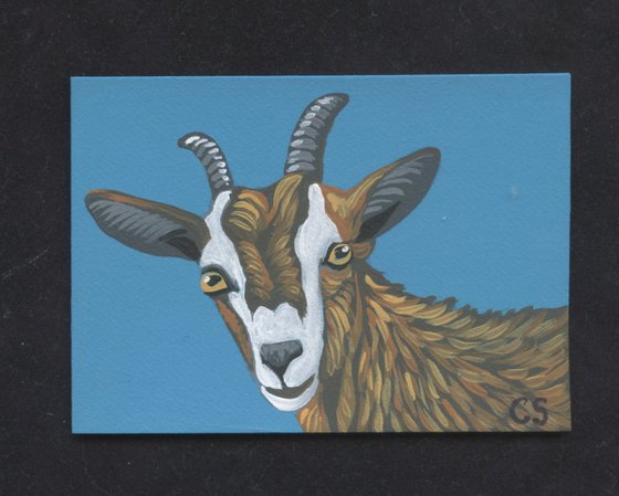 ACEO ATC Original Miniature Painting Goat Farmyard Art-Carla Smale