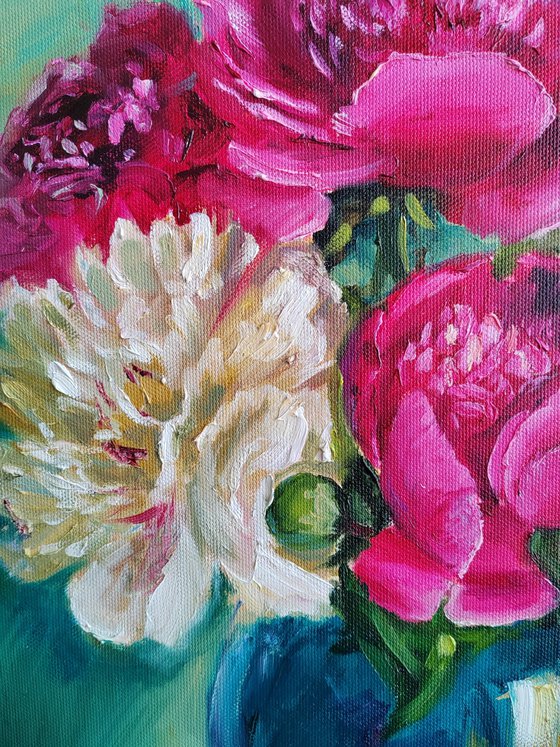 Pink and white peonies bouquet oil painting original still life 16x20"