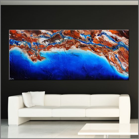 Blue Candy Coast 240cm x 100cm Blue Orange Textured Abstract Art