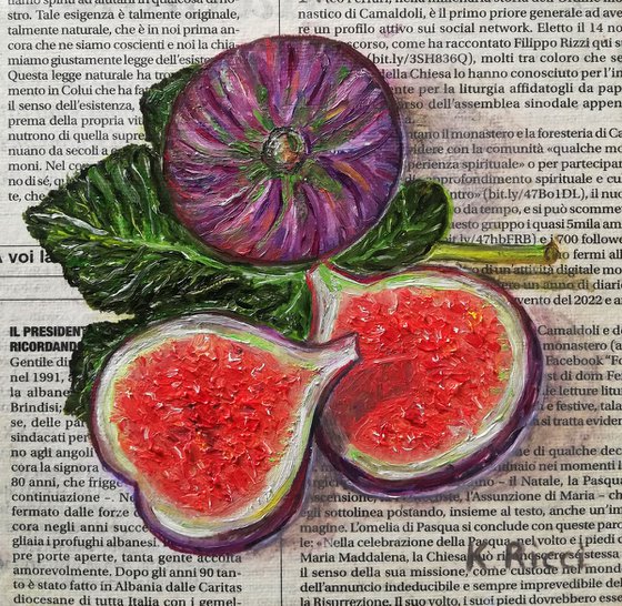 "Figs Fruit on Newspaper" Original Oil on Canvas Board Painting 6 by 6 inches (15x15 cm)