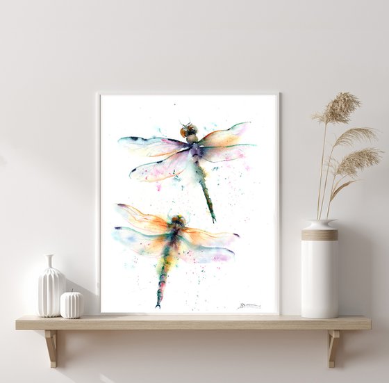 Green Dragonflies - Original watercolor painting