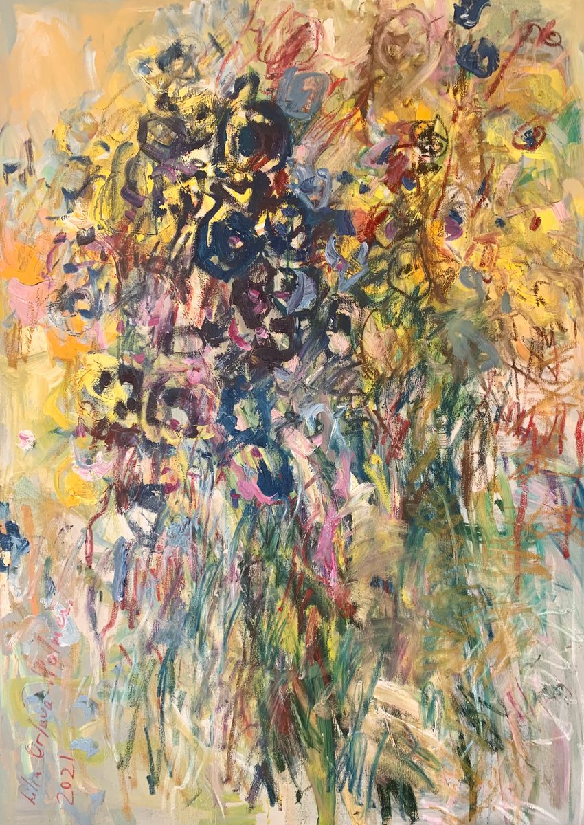Expressive Abstract Oil Painting By Lilia Orlova-Holmes, 39 X 55", Flowers., Original Artwork