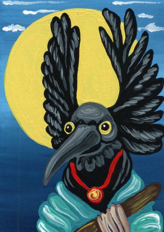 ACEO ATC Original Painting Raven Crow Kachina Doll Native Art-Carla Smale