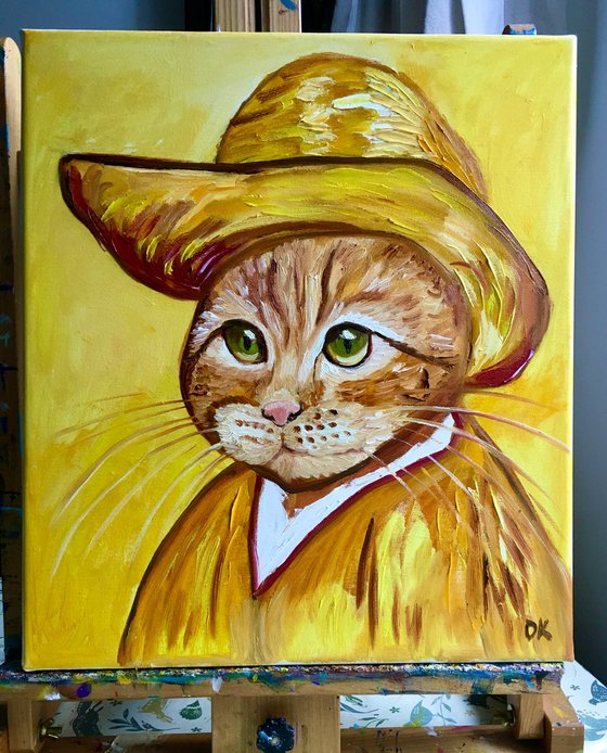 Cat in a straw hat with green eyes La Vincent Van Gogh