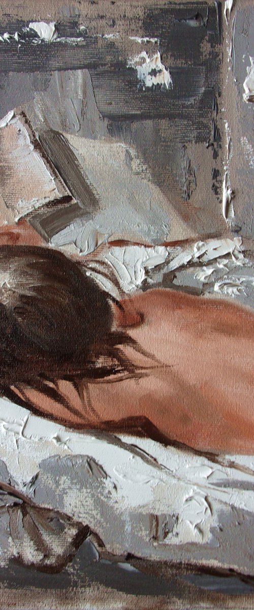" READING IN BED ...  " book lover original painting ROOM  palette knife GIFT brown by Monika Luniak