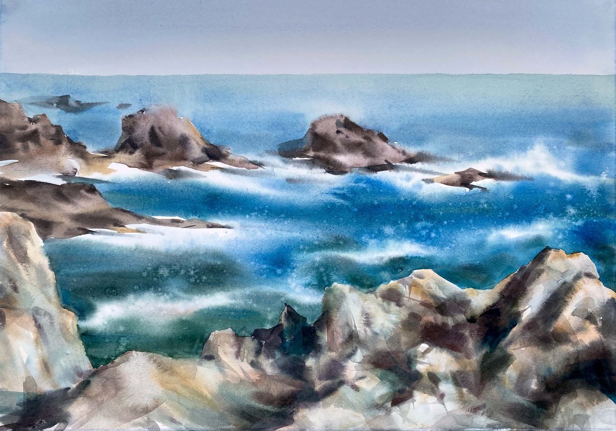 Impressionistic Landscape Watercolour By Galina Poloz, 22 X 15, White Waves. Scotland., Original Artwork