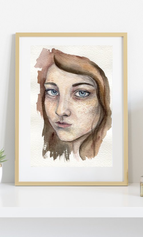 Watercolor portrait of girl with blue eyes by Liliya Rodnikova